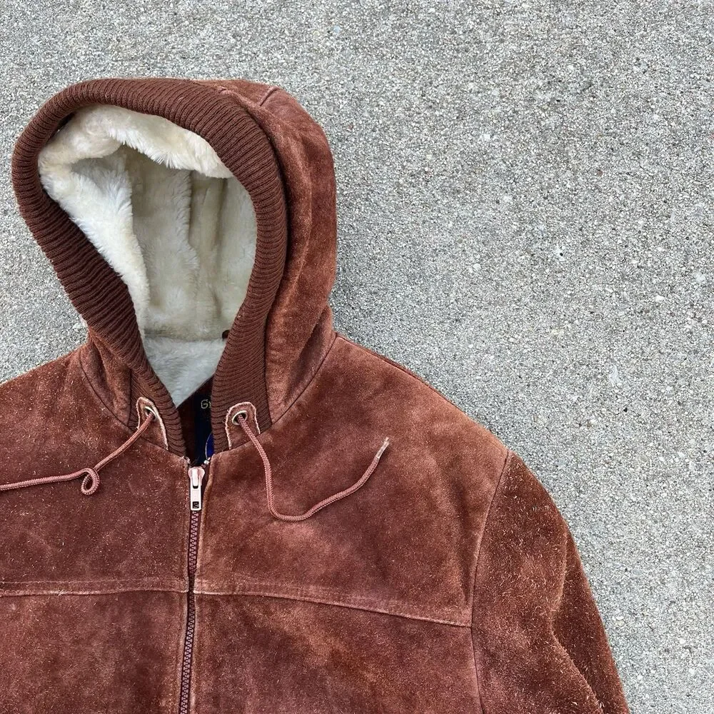 Vintage Grande-Bay Brown Suede Leather Fur Lined Zip Up Jacket Size 40 Medium